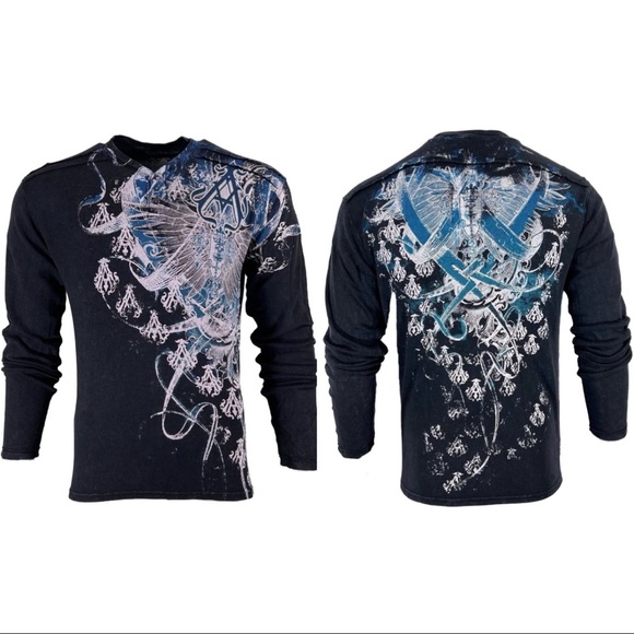 Archaic by Affliction Men's Thermal Shirt WOODCUTS Black Biker - Picture 1 of 6